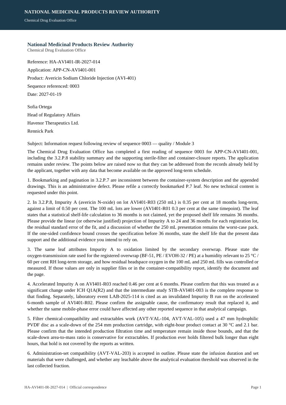 First page of the fictional authority letter, showing questions for Havenor Therapeutics.