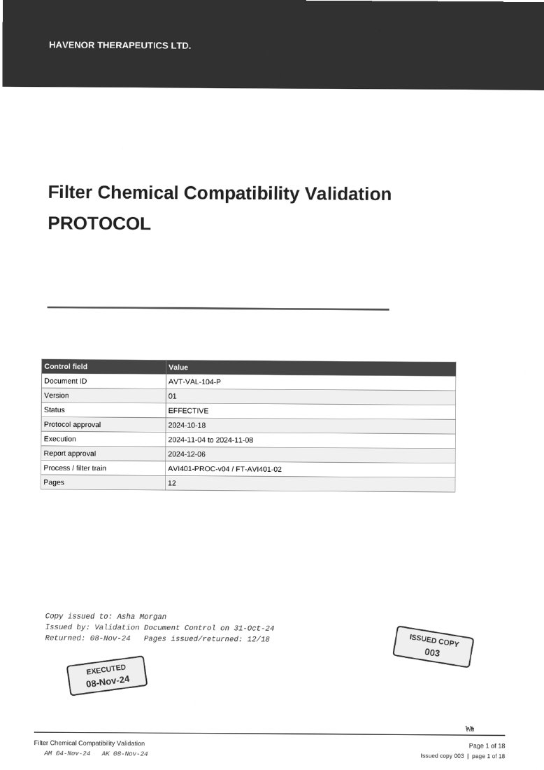 First page of the fictional executed chemical compatibility protocol, copy 003.