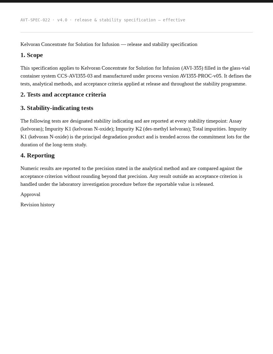 First page of the real AVT-SPEC-022 v4.0 release and stability specification.