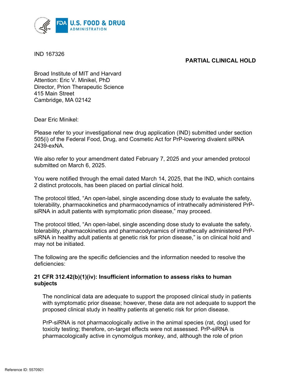 Page 1 of the real FDA partial clinical hold letter for IND 167326